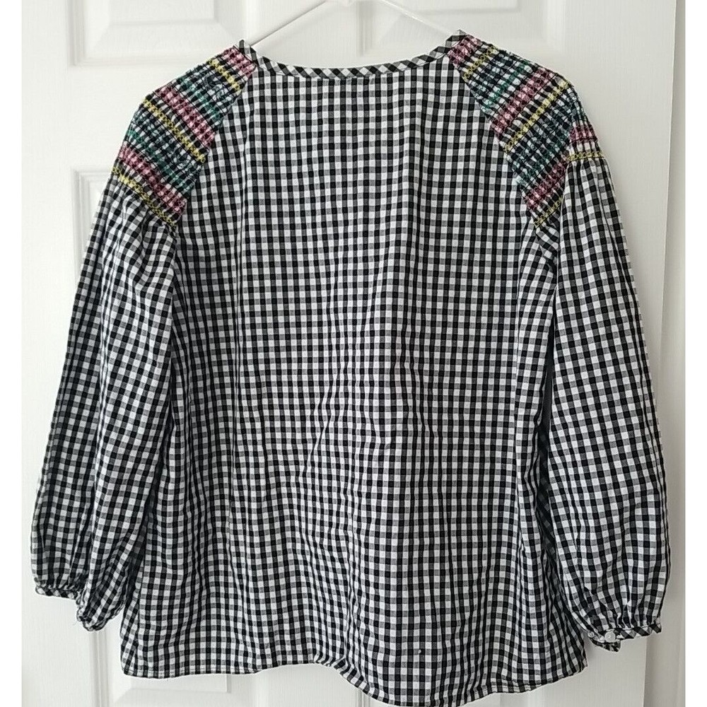 Madewell Smocked Gingham Top Womens Check V-Neck Oversized Peasant Blouse Small - Picture 5 of 13